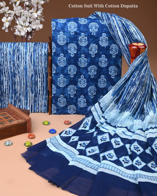 ELEGANT HAND BLOCK PRINT COTTON SUIT SET WITH MULMUL DUPATTA(WACOTMU10)