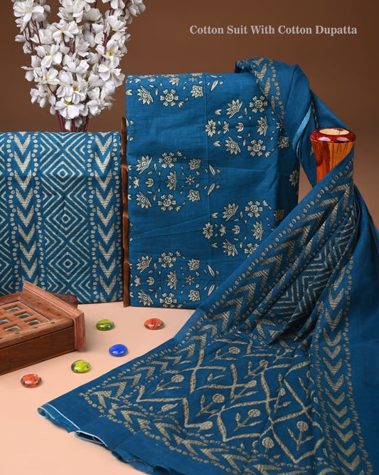 ELEGANT HAND BLOCK PRINT COTTON SUIT SET WITH MULMUL DUPATTA(WACOTMU09)