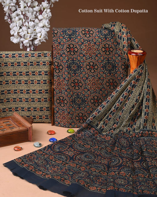 ELEGANT HAND BLOCK PRINT COTTON SUIT SET WITH MULMUL DUPATTA(WACOTMU08)