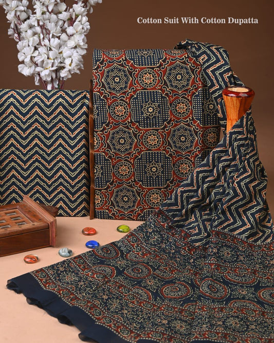 ELEGANT HAND BLOCK PRINT COTTON SUIT SET WITH MULMUL DUPATTA(WACOTMU06)