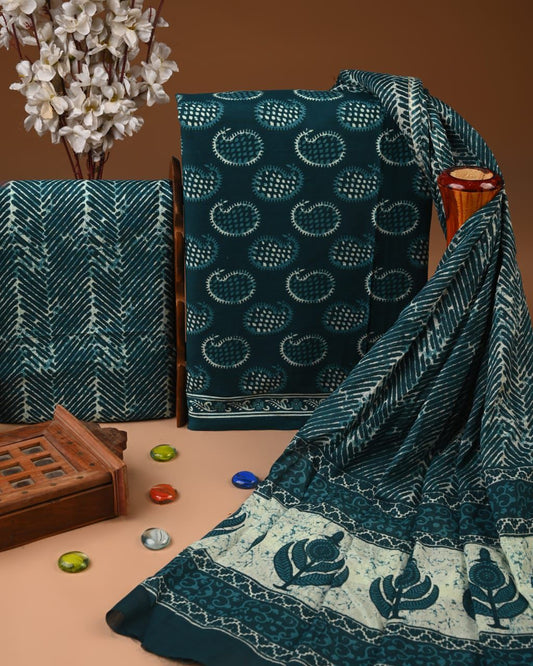 ELEGANT HAND BLOCK PRINT COTTON SUIT SET WITH MULMUL DUPATTA(WACOTMU15)