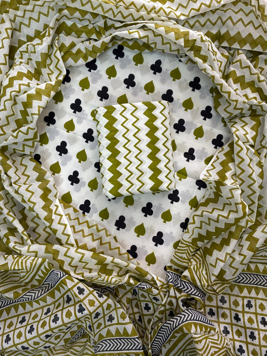 Designer Hand Block Print Cotton Suit Set with Mulmul Dupatta(WACOTMU129)