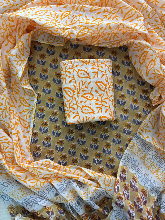 Designer Hand Block Print Cotton Suit Set with Mulmul Dupatta(WACOTMU128)