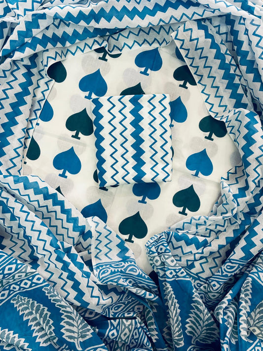 Designer Hand Block Print Cotton Suit Set with Mulmul Dupatta(WACOTMU123)