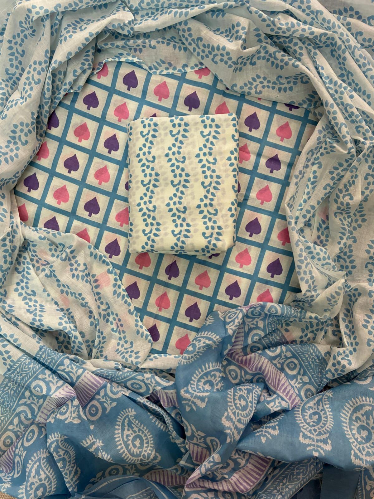 Designer Hand Block Print Cotton Suit Set with Mulmul Dupatta(WACOTMU125)