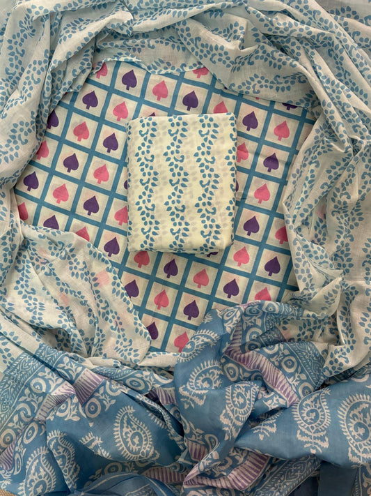 Designer Hand Block Print Cotton Suit Set with Mulmul Dupatta(WACOTMU125)