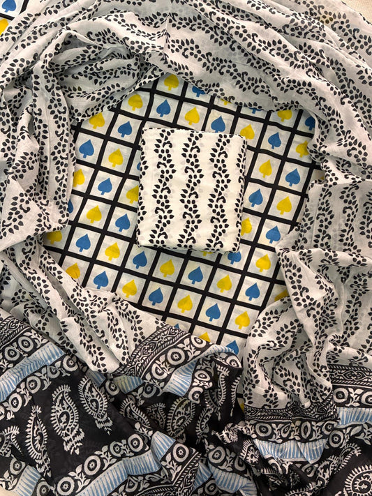 Designer Hand Block Print Cotton Suit Set with Mulmul Dupatta(WACOTMU124)