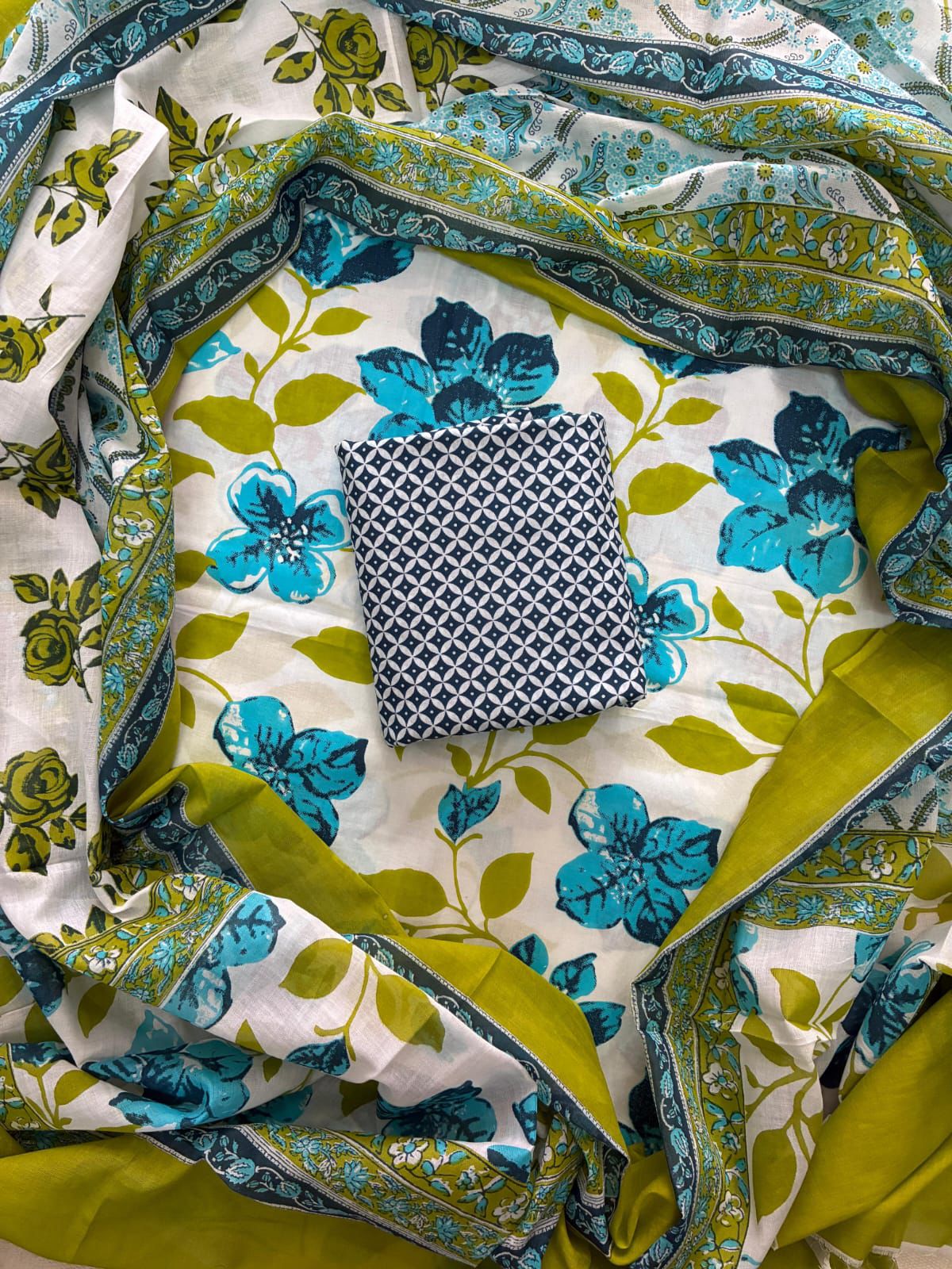 Designer Hand Block Print Cotton Suit Set with Mulmul Dupatta(WACOTMU118)