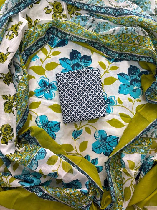 Designer Hand Block Print Cotton Suit Set with Mulmul Dupatta(WACOTMU118)