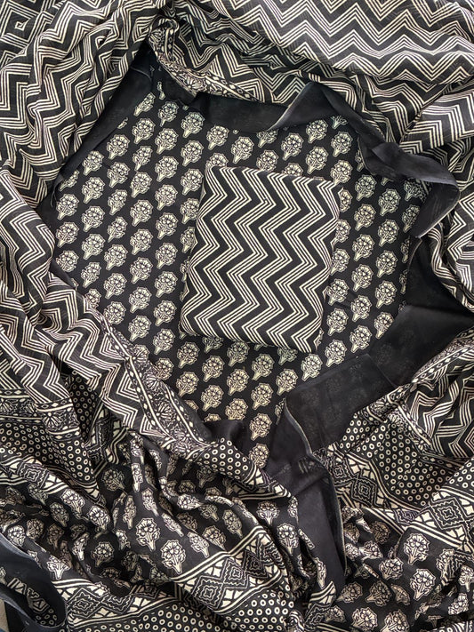 Designer Hand Block Print Cotton Suit Set with Mulmul Dupatta(WACOTMU117)