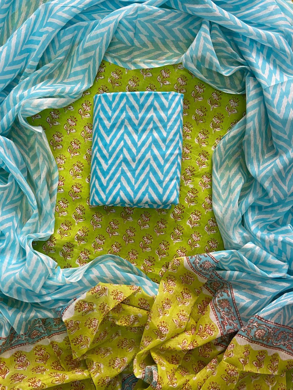 Designer Hand Block Print Cotton Suit Set with Mulmul Dupatta(WACOTMU114)