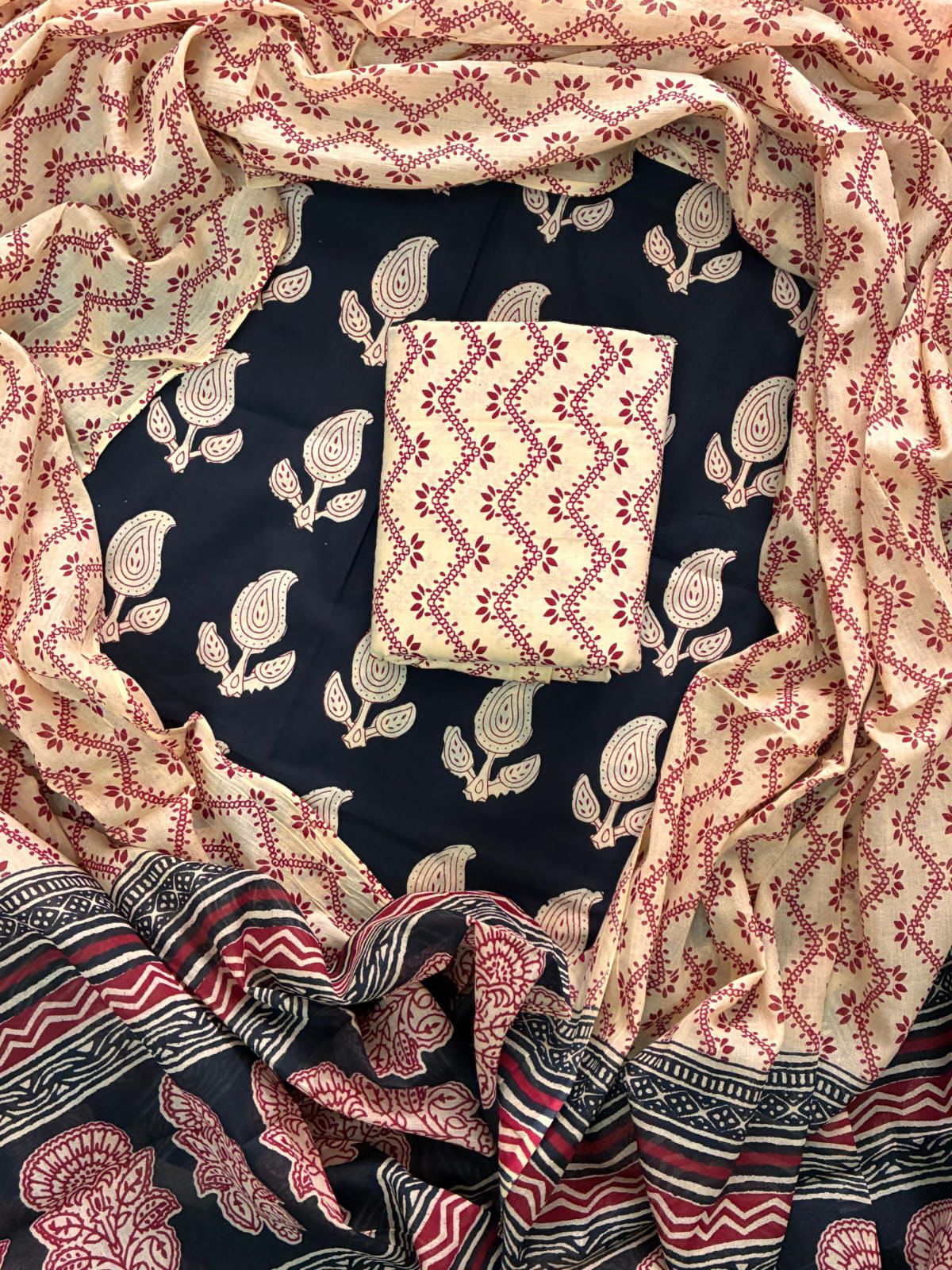 Designer Hand Block Print Cotton Suit Set with Mulmul Dupatta(WACOTMU112)