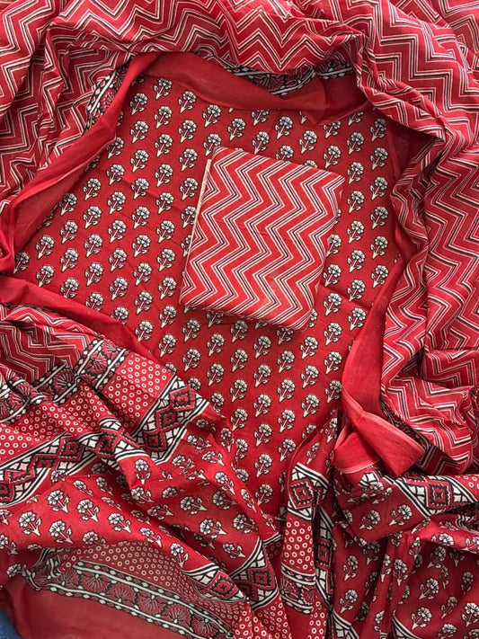 Designer Hand Block Print Cotton Suit Set with Mulmul Dupatta(WACOTMU107)