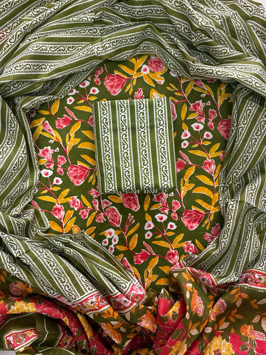 Designer Hand Block Print Cotton Suit Set with Mulmul Dupatta(WACOTMU108)