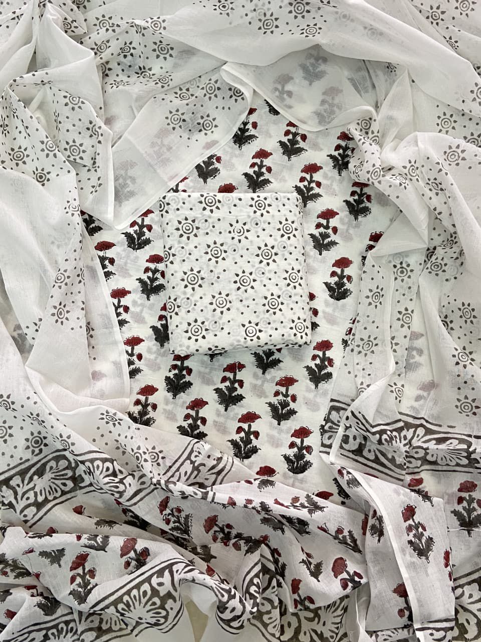 Designer Hand Block Print Cotton Suit Set with Mulmul Dupatta(WACOTMU106)