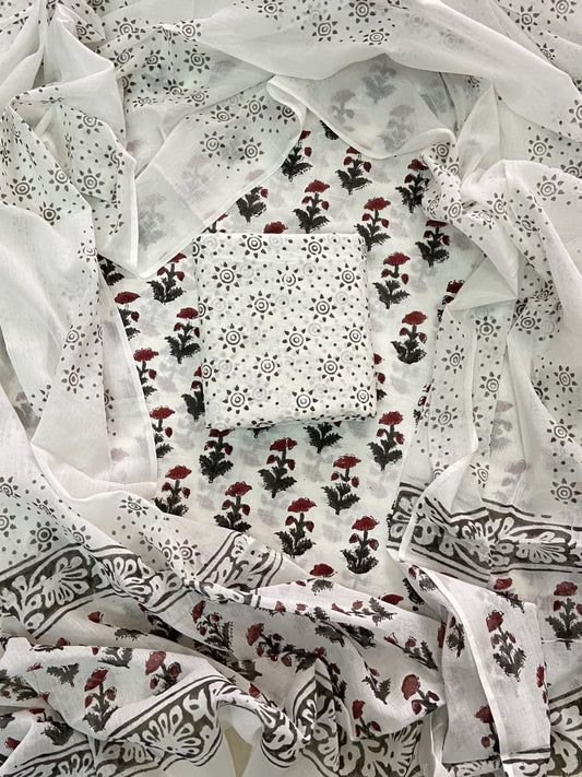 Designer Hand Block Print Cotton Suit Set with Mulmul Dupatta(WACOTMU106)