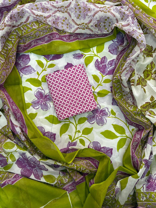 ELEGANT HAND BLOCK PRINT COTTON SUIT SET WITH MULMUL DUPATTA(WACOTMU09)