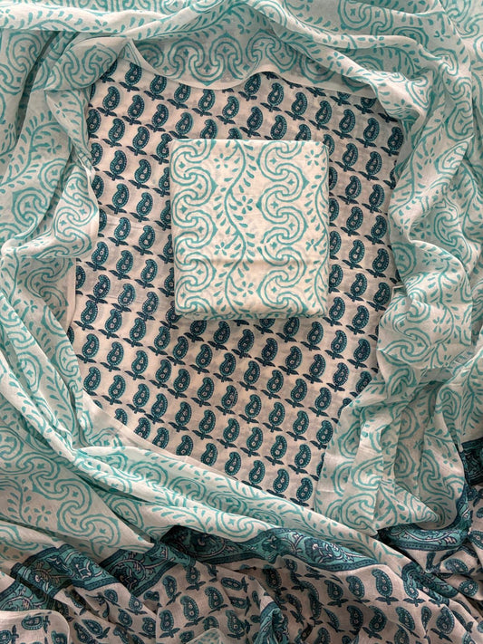 ELEGANT HAND BLOCK PRINT COTTON SUIT SET WITH MULMUL DUPATTA(WACOTMU08)