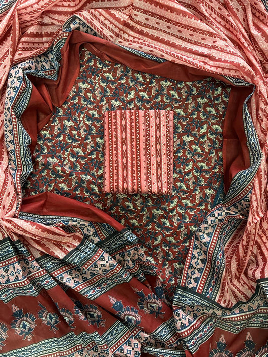 ELEGANT HAND BLOCK PRINT COTTON SUIT SET WITH MULMUL DUPATTA(WACOTMU06)
