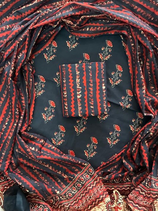 ELEGANT HAND BLOCK PRINT COTTON SUIT SET WITH MULMUL DUPATTA(WACOTMU10)