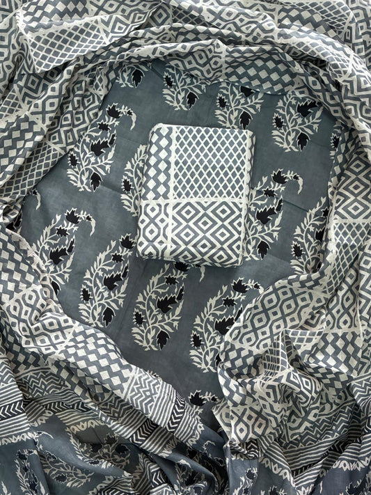 ELEGANT HAND BLOCK PRINT COTTON SUIT SET WITH MULMUL DUPATTA(WACOTMU40)