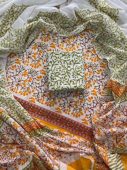 ELEGANT HAND BLOCK PRINT COTTON SUIT SET WITH MULMUL DUPATTA(WACOTMU37)
