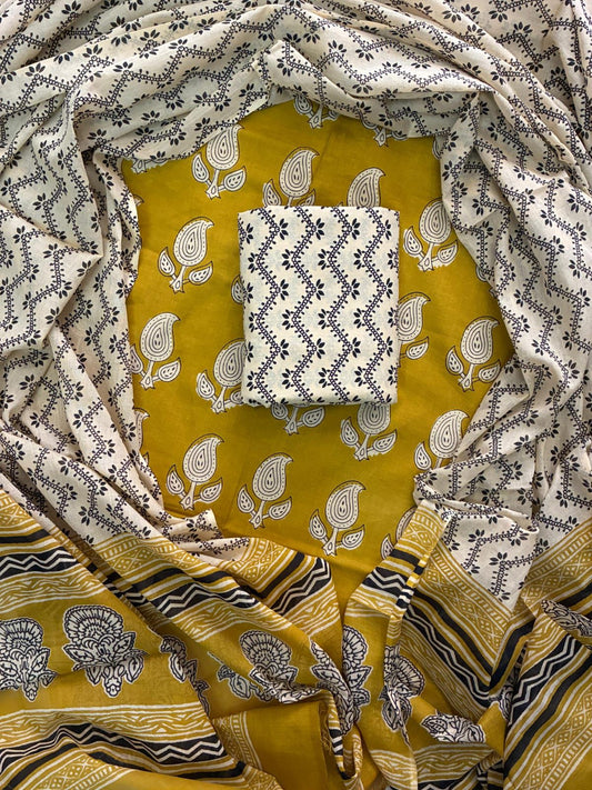 ELEGANT HAND BLOCK PRINT COTTON SUIT SET WITH MULMUL DUPATTA(WACOTMU27)