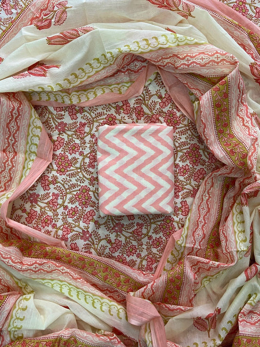 Designer Hand Block Print Cotton Suit Set with Mulmul Dupatta(WACOTMU130)