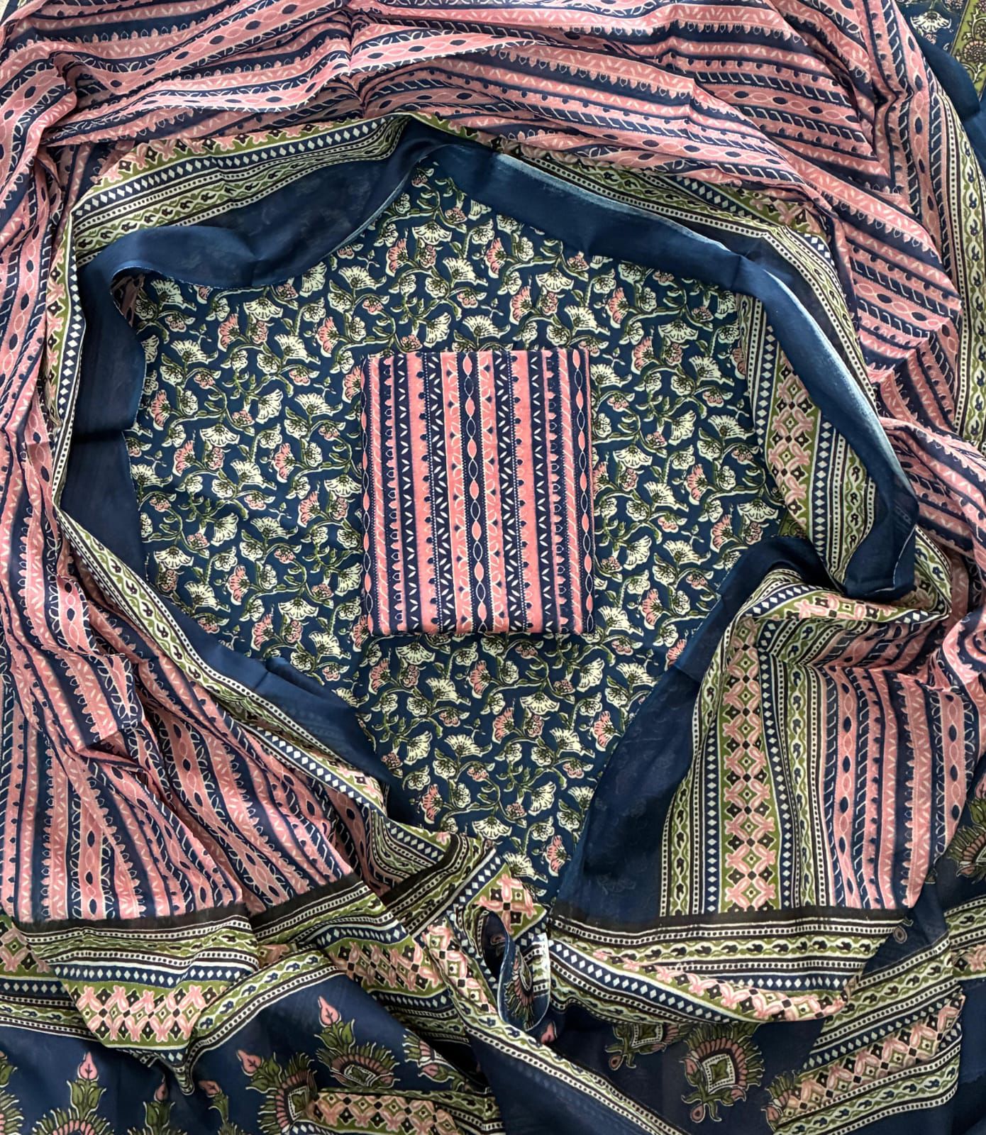 Designer Hand Block Print Cotton Suit Set with Mulmul Dupatta(WACOTMU131)