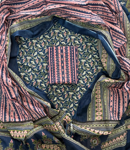Designer Hand Block Print Cotton Suit Set with Mulmul Dupatta(WACOTMU131)
