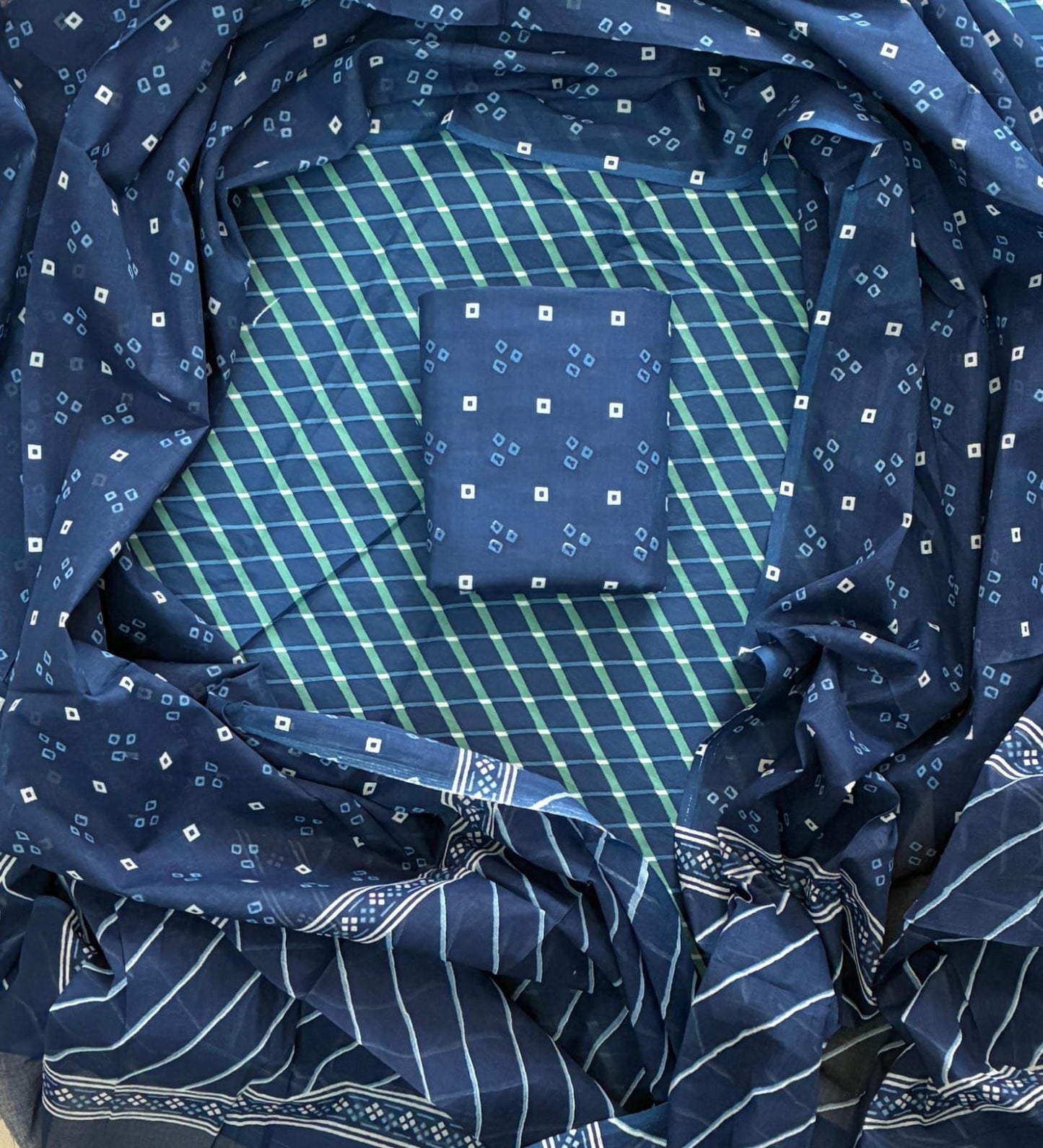 Designer Hand Block Print Cotton Suit Set with Mulmul Dupatta(WACOTMU105)