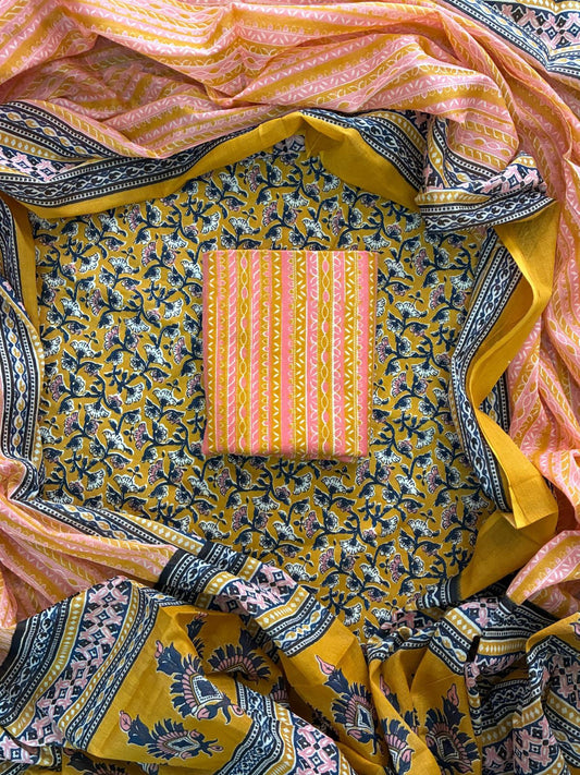 ELEGANT HAND BLOCK PRINT COTTON SUIT SET WITH MULMUL DUPATTA(WACOTMU102)