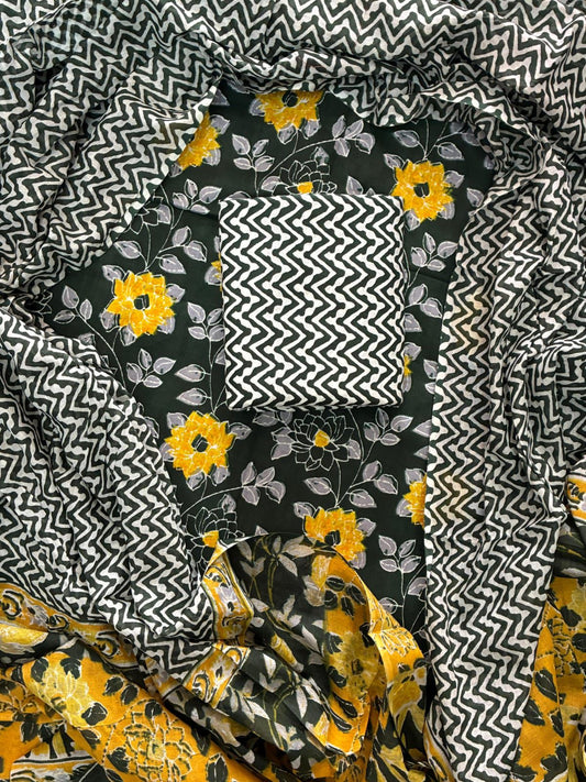 Designer Hand Block Print Cotton Suit Set with Mulmul Dupatta(WACOTMU98)