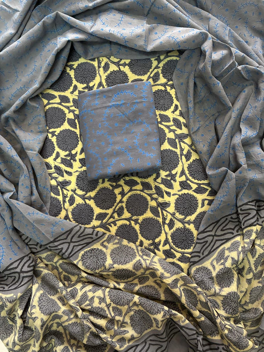 ELEGANT HAND BLOCK PRINT COTTON SUIT SET WITH MULMUL DUPATTA(WACOTMU103)