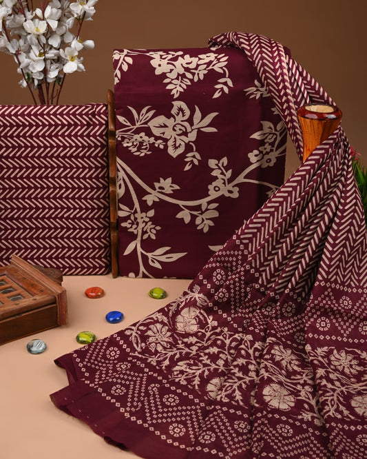 ELEGANT HAND BLOCK PRINT COTTON SUIT SET WITH MULMUL DUPATTA(WACOTMU79)