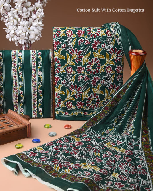 ELEGANT HAND BLOCK PRINT COTTON SUIT SET WITH MULMUL DUPATTA(WACOTMU53)