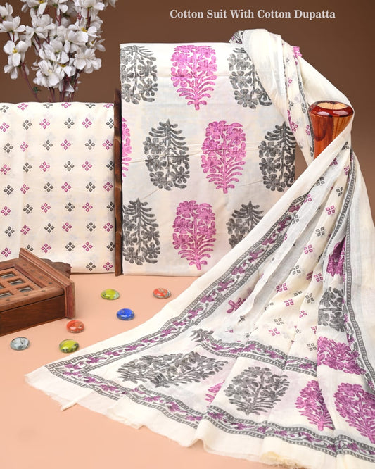 ELEGANT HAND BLOCK PRINT COTTON SUIT SET WITH MULMUL DUPATTA(WACOTMU52)