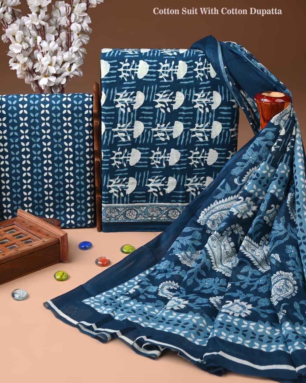 ELEGANT HAND BLOCK PRINT COTTON SUIT SET WITH MULMUL DUPATTA(WACOTMU55)