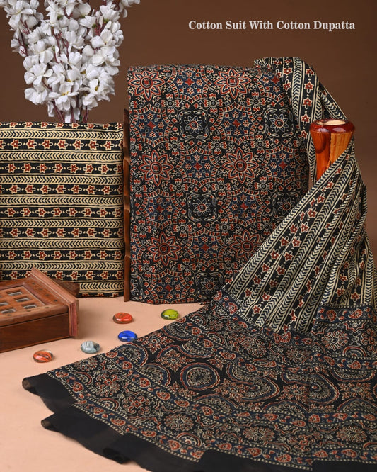 ELEGANT HAND BLOCK PRINT COTTON SUIT SET WITH MULMUL DUPATTA(WACOTMU84)