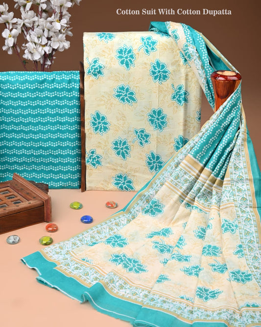 Designer Hand Block Print Cotton Suit Set with Mulmul Dupatta(WACOTMU151)