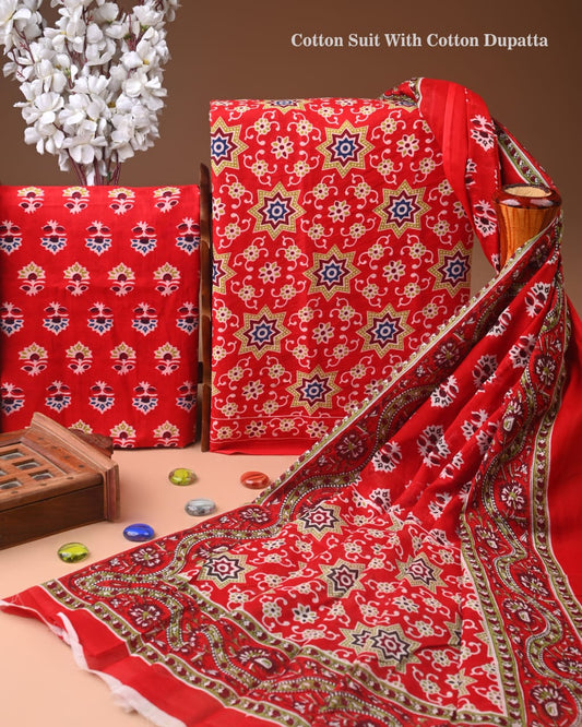Designer Hand Block Print Cotton Suit Set with Mulmul Dupatta(WACOTMU147)