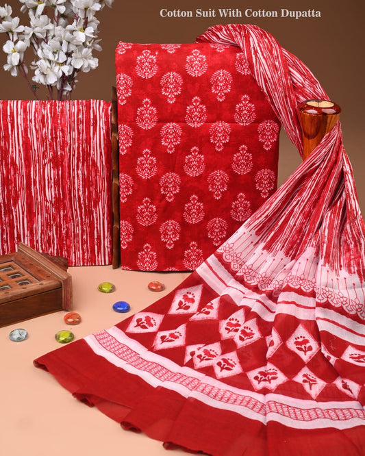 Designer Hand Block Print Cotton Suit Set with Mulmul Dupatta(WACOTMU149)