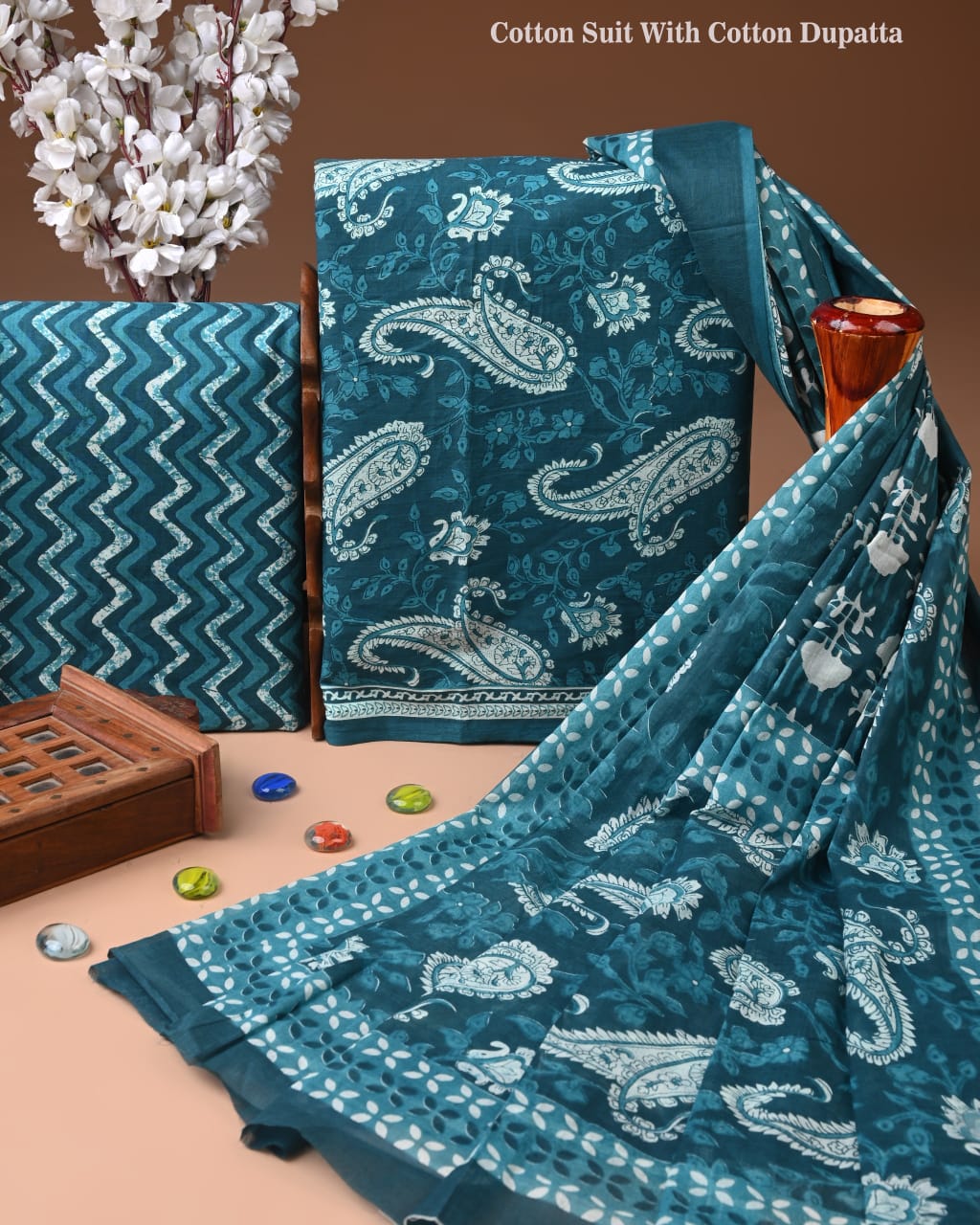 Designer Hand Block Print Cotton Suit Set with Mulmul Dupatta(WACOTMU148)