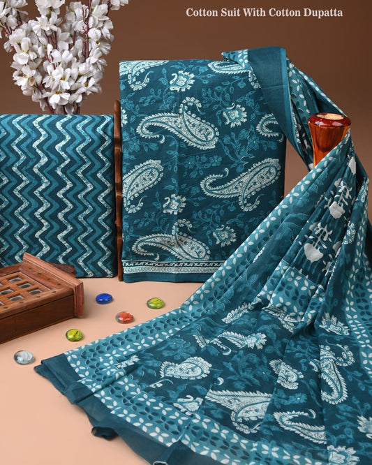 Designer Hand Block Print Cotton Suit Set with Mulmul Dupatta(WACOTMU148)
