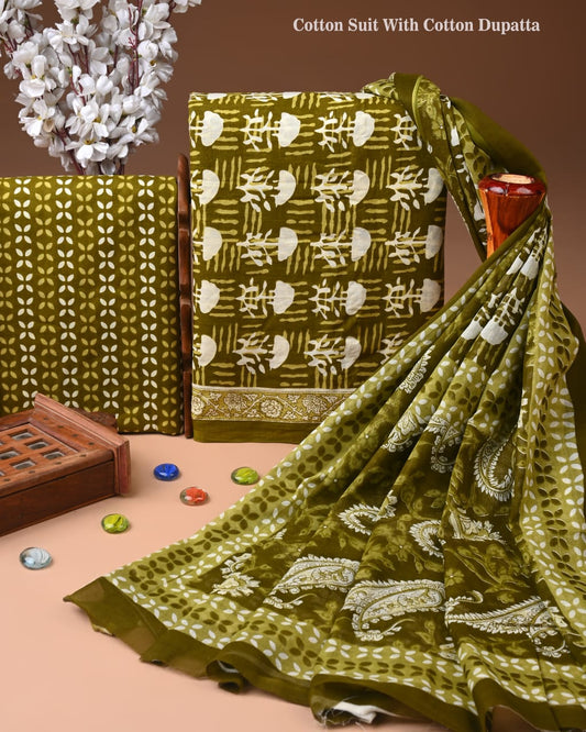Designer Hand Block Print Cotton Suit Set with Mulmul Dupatta(WACOTMU146)