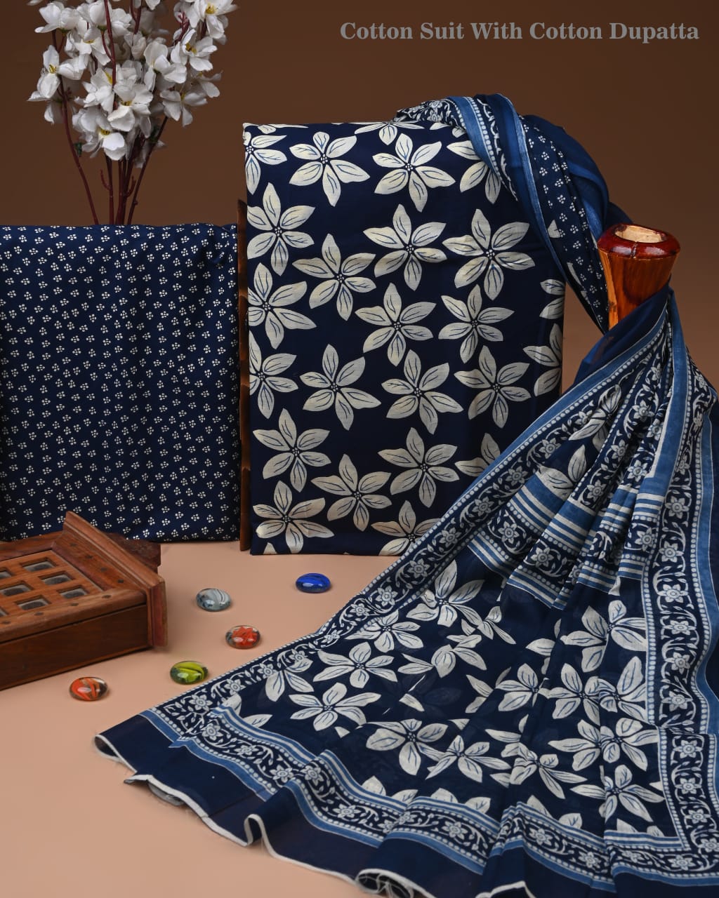 Designer Hand Block Print Cotton Suit Set with Mulmul Dupatta(WACOTMU143)
