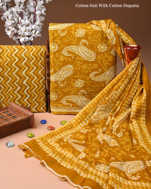 Designer Hand Block Print Cotton Suit Set with Mulmul Dupatta(WACOTMU139)