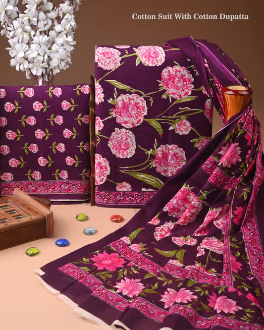 Designer Hand Block Print Cotton Suit Set with Mulmul Dupatta(WACOTMU136)