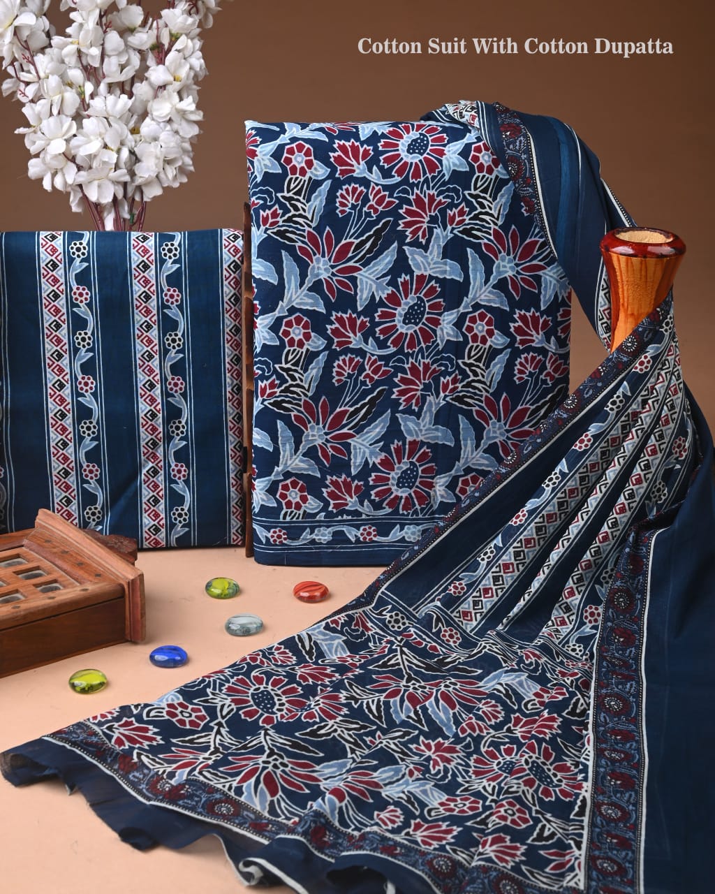 Designer Hand Block Print Cotton Suit Set with Mulmul Dupatta(WACOTMU134)