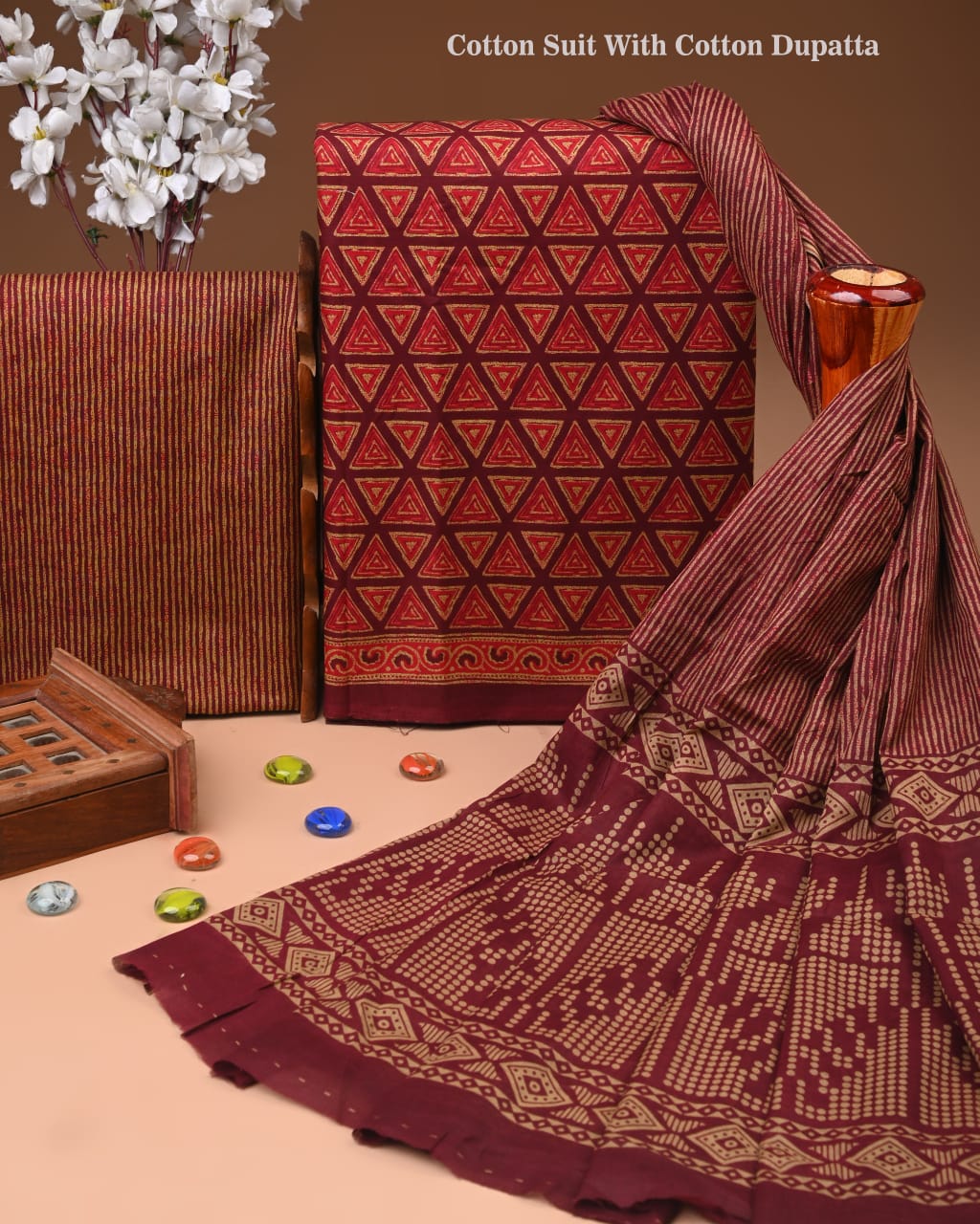 Designer Hand Block Print Cotton Suit Set with Mulmul Dupatta(WACOTMU135)